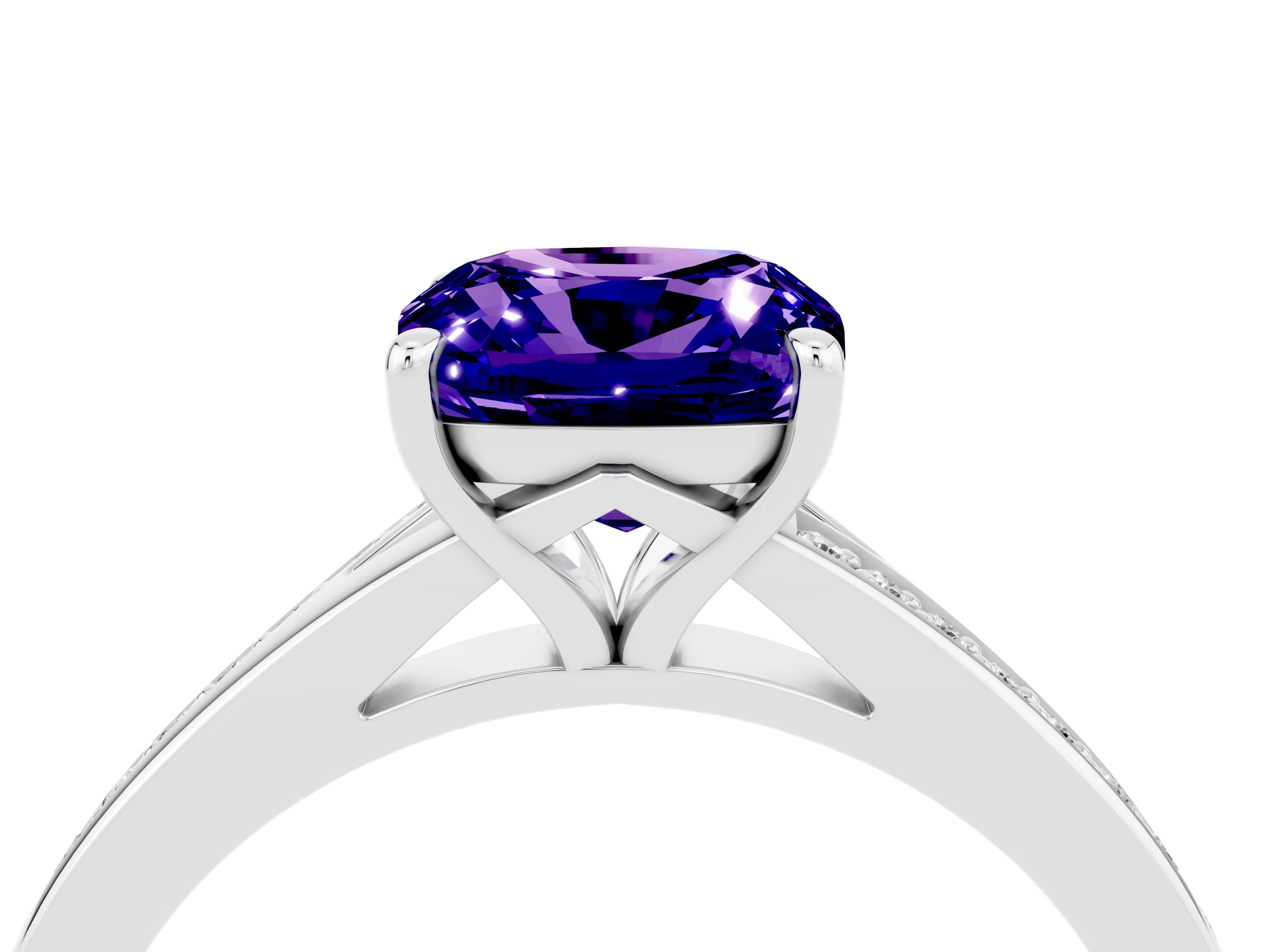 Silver Cushion Cut Tanzanite Solitaire Ring with Pavé Band and Prong Setting_16