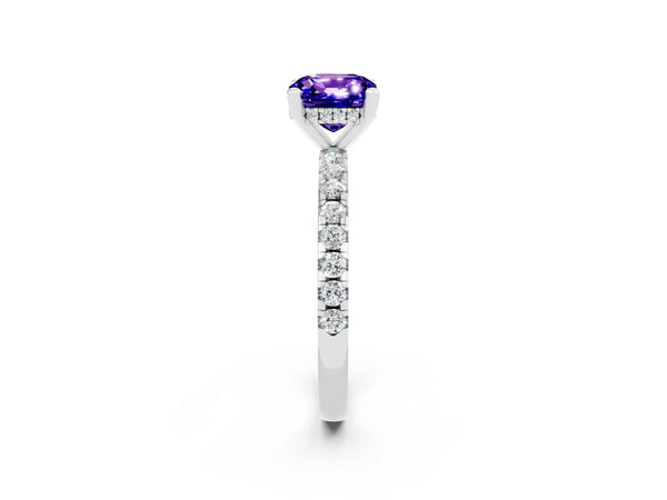Silver Cushion Cut Tanzanite Solitaire Ring with Round Pavé Band and Four-Prong Setting