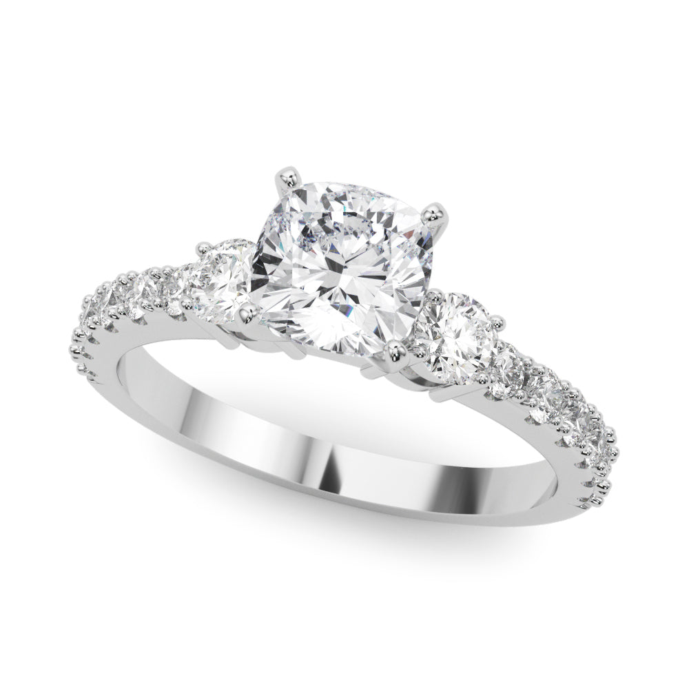 Silver Cushion Cut Three-Stone Diamond Pavé Band with Prong Setting 2