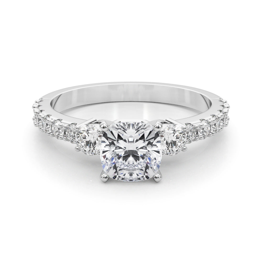 Silver Cushion Cut Three-Stone Diamond Pavé Band with Prong Setting