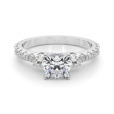 Silver Cushion Cut Three-Stone Diamond Pavé Band with Prong Setting