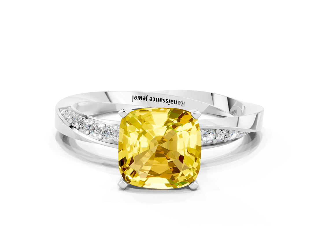 Silver Cushion Cut Yellow Sapphire Engagement Ring with Side Stone Accents and Four-Prong Setting_12