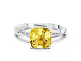 Silver Cushion Cut Yellow Sapphire Engagement Ring with Side Stone Accents and Four-Prong Setting_12