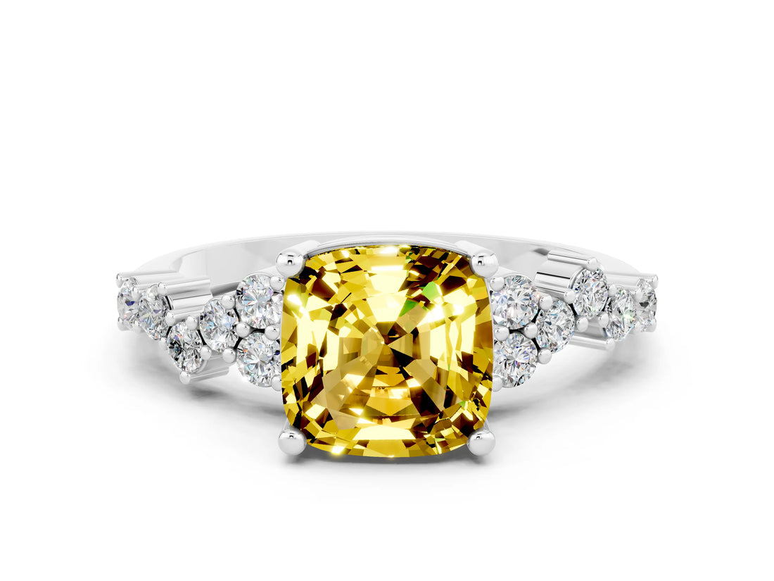 Silver Cushion Cut Yellow Sapphire Scattered Round Accent Ring with Prong Setting_90