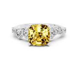 Silver Cushion Cut Yellow Sapphire Scattered Round Accent Ring with Prong Setting_90