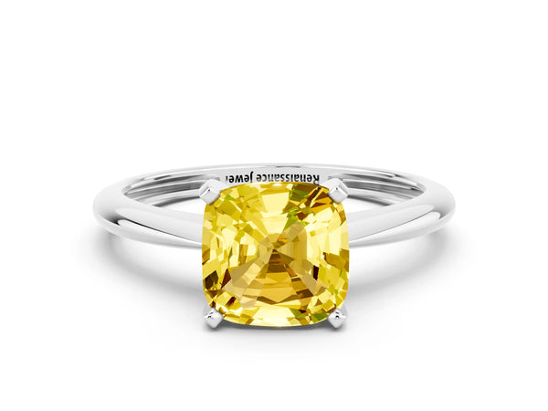 Silver Cushion Cut Yellow Sapphire Solitaire Engagement Ring with Classic Band and Four-Prong Setting