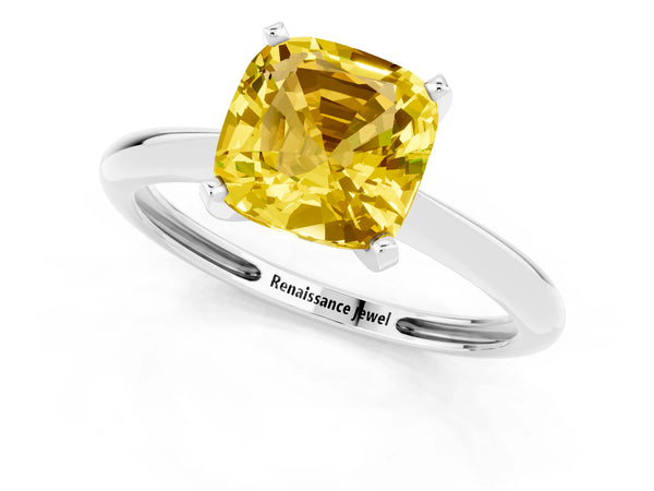 Silver Cushion Cut Yellow Sapphire Solitaire Engagement Ring with Classic Band and Four-Prong Setting