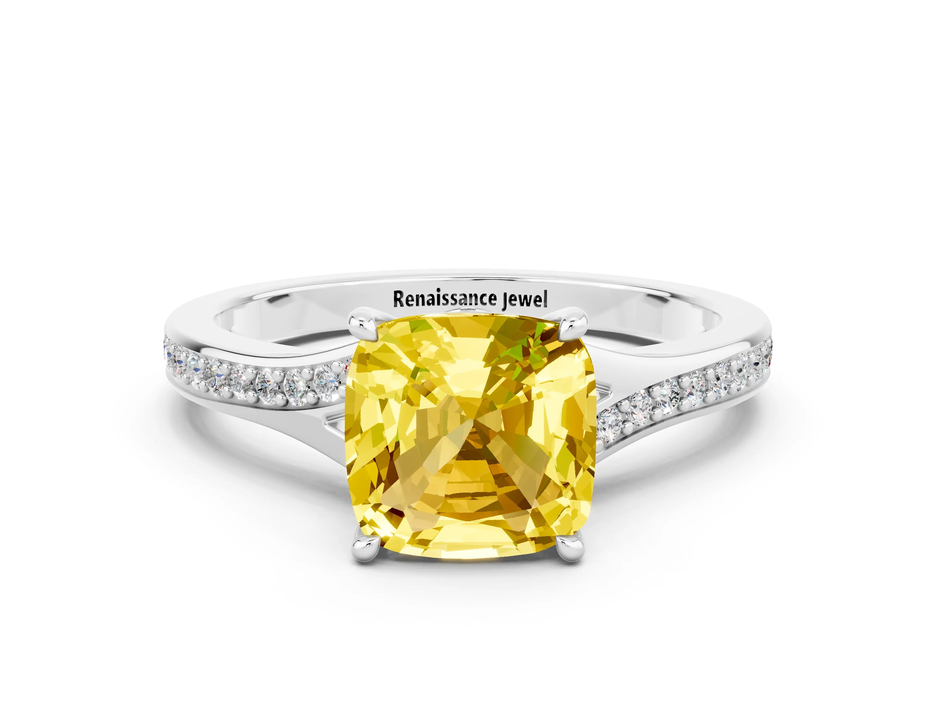 Silver Cushion Cut Yellow Sapphire Solitaire Ring with Pavé Band and Prong Setting_12