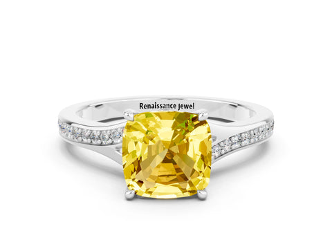Silver Cushion Cut Yellow Sapphire Solitaire Ring with Pavé Band and Prong Setting_12