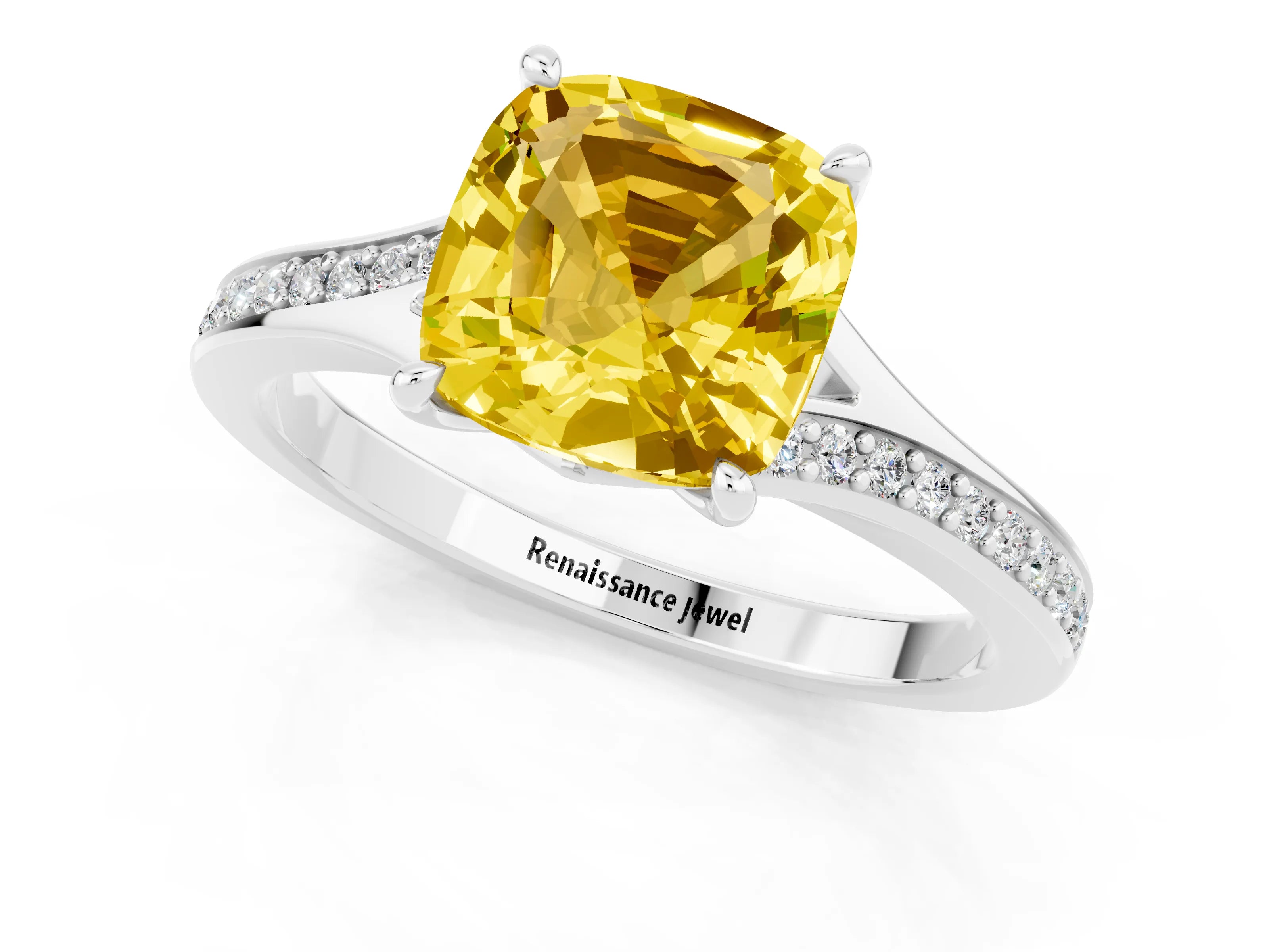 Silver Cushion Cut Yellow Sapphire Solitaire Ring with Pavé Band and Prong Setting_13