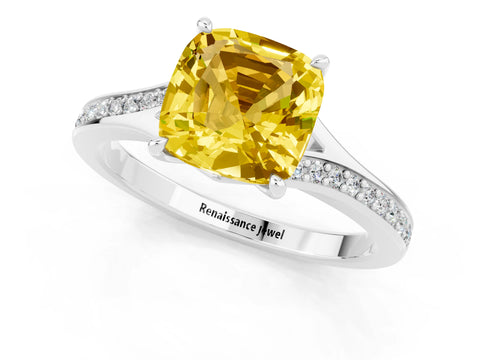 Silver Cushion Cut Yellow Sapphire Solitaire Ring with Pavé Band and Prong Setting_13