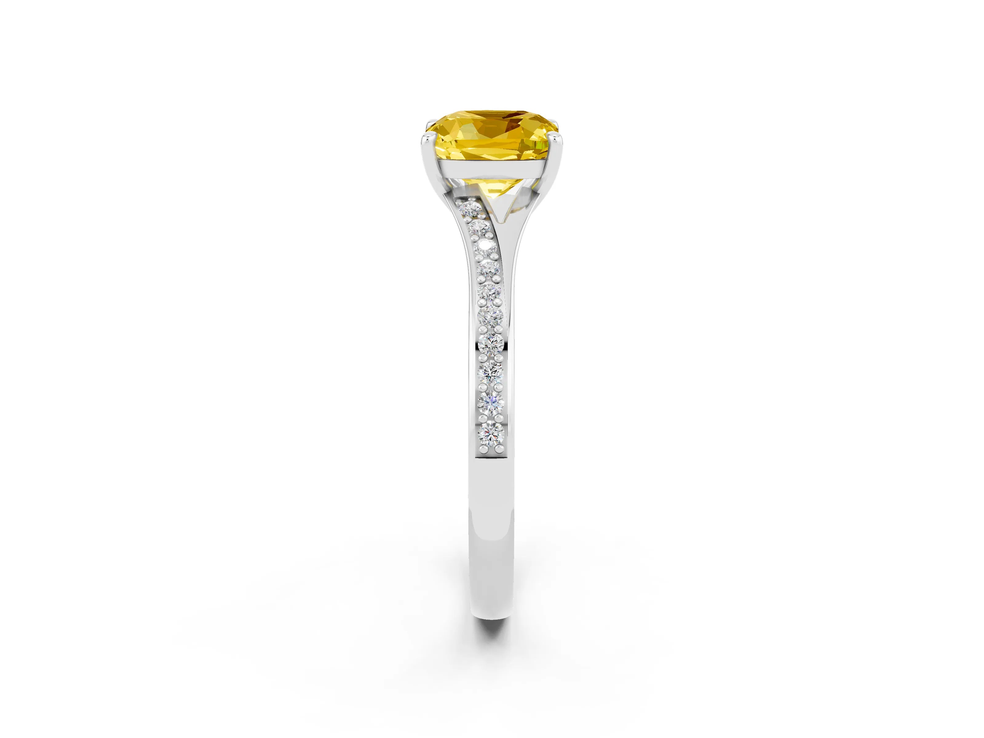 Silver Cushion Cut Yellow Sapphire Solitaire Ring with Pavé Band and Prong Setting_14