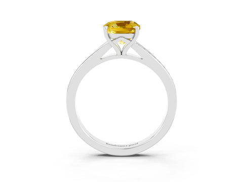 Silver Cushion Cut Yellow Sapphire Solitaire Ring with Pavé Band and Prong Setting_15