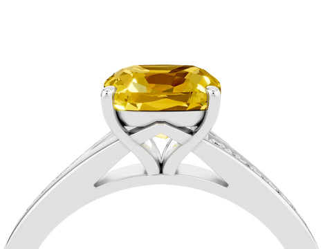 Silver Cushion Cut Yellow Sapphire Solitaire Ring with Pavé Band and Prong Setting_16