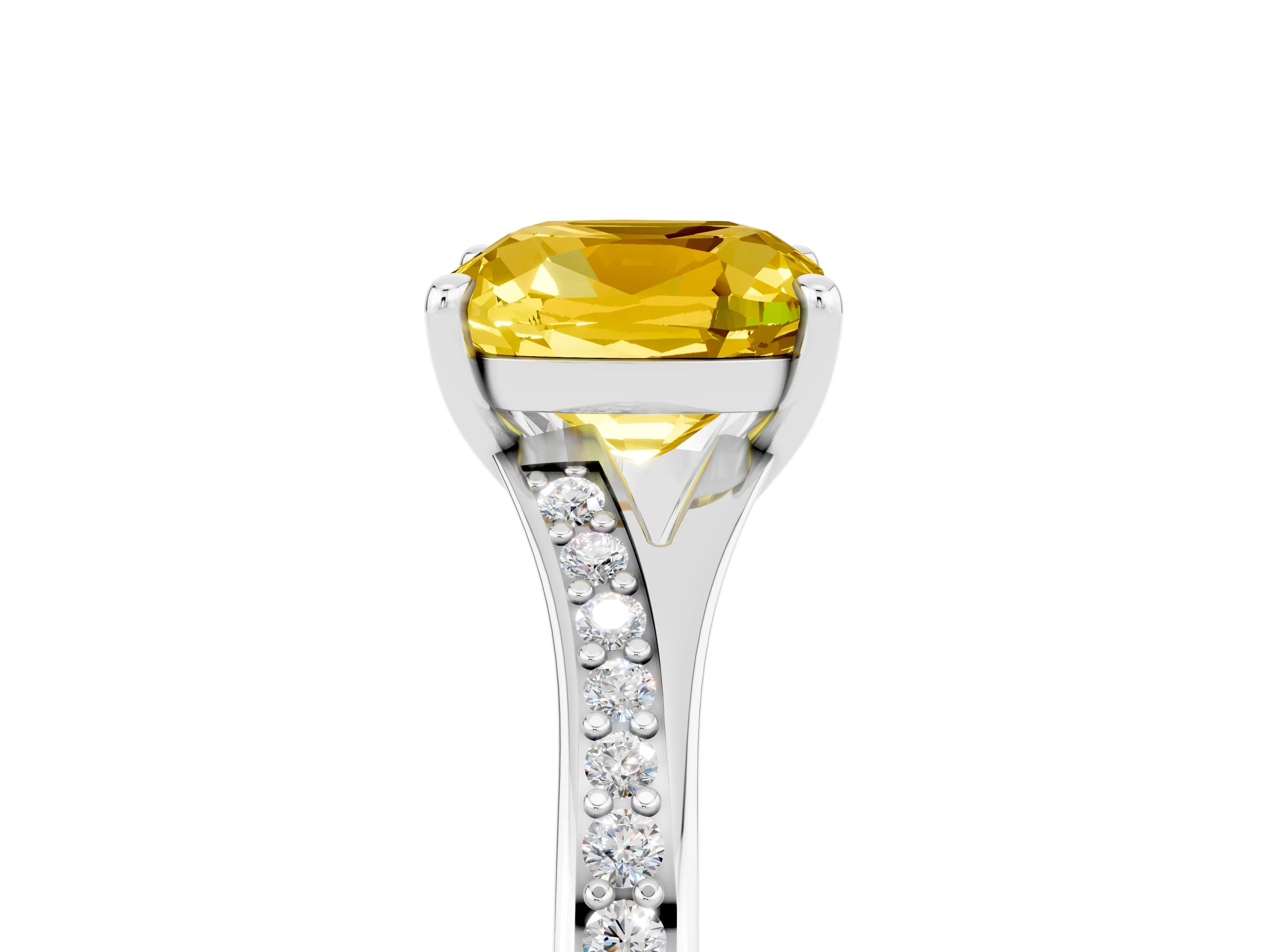 Silver Cushion Cut Yellow Sapphire Solitaire Ring with Pavé Band and Prong Setting_17