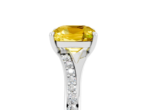 Silver Cushion Cut Yellow Sapphire Solitaire Ring with Pavé Band and Prong Setting_17