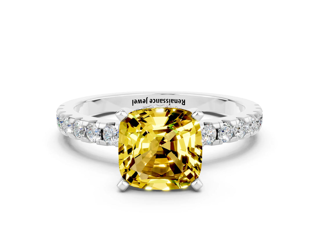 Silver Cushion Cut Yellow Sapphire Solitaire Ring with Round  Pavé Band and Four-Prong Setting_36