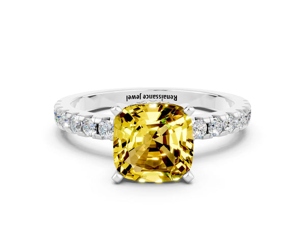 Silver Cushion Cut Yellow Sapphire Solitaire Ring with Round Pavé Band and Four-Prong Setting