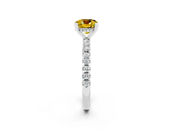 Silver Cushion Cut Yellow Sapphire Solitaire Ring with Round Pavé Band and Four-Prong Setting