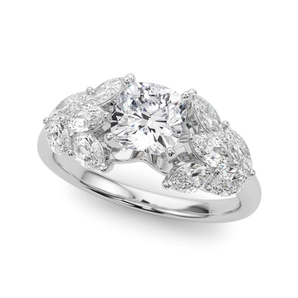 Silver Cushion Diamond Cluster Leaf Design Ring with Prong Setting 2