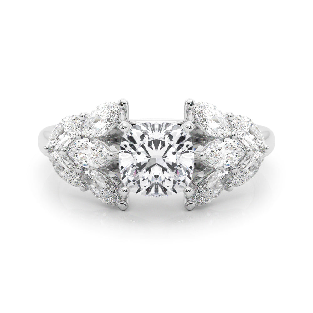 Silver Cushion Diamond Cluster Leaf Design Ring with Prong Setting