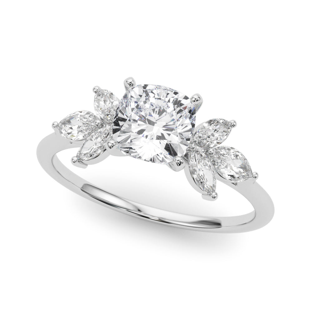 Silver Cushion Diamond Floral Cluster Ring with Marquise Side Stones and Six-Prong Solitaire Setting 2