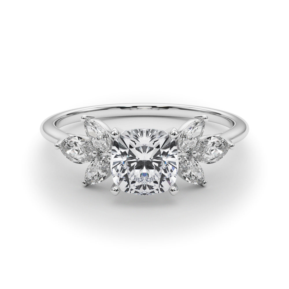 Silver Cushion Diamond Floral Cluster Ring with Marquise Side Stones and Six-Prong Solitaire Setting