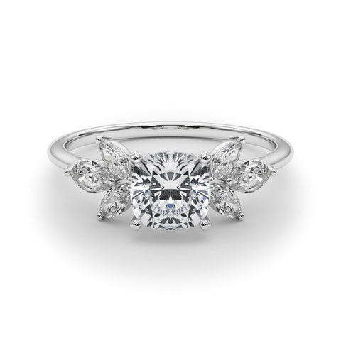 Silver Cushion Diamond Floral Cluster Ring with Marquise Side Stones and Six-Prong Solitaire Setting