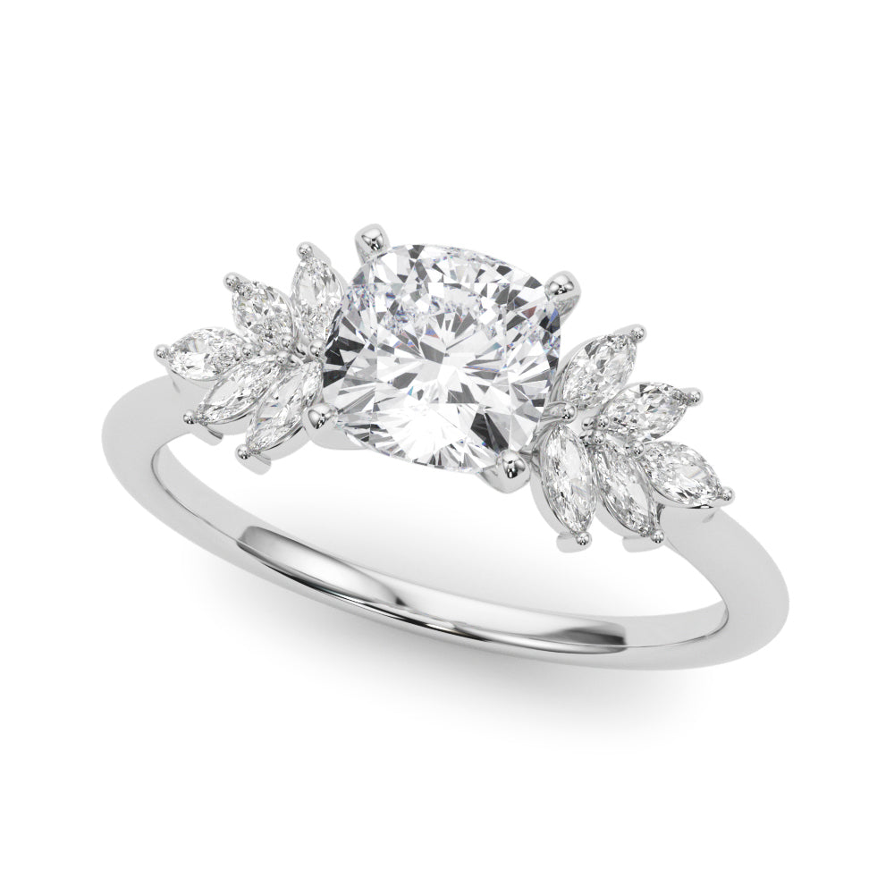 Silver Cushion Diamond Floral Side Stone Solitaire with Marquise Accents and Four-Prong Setting 2