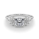 Silver Cushion Diamond Floral Side Stone Solitaire with Marquise Accents and Four-Prong Setting