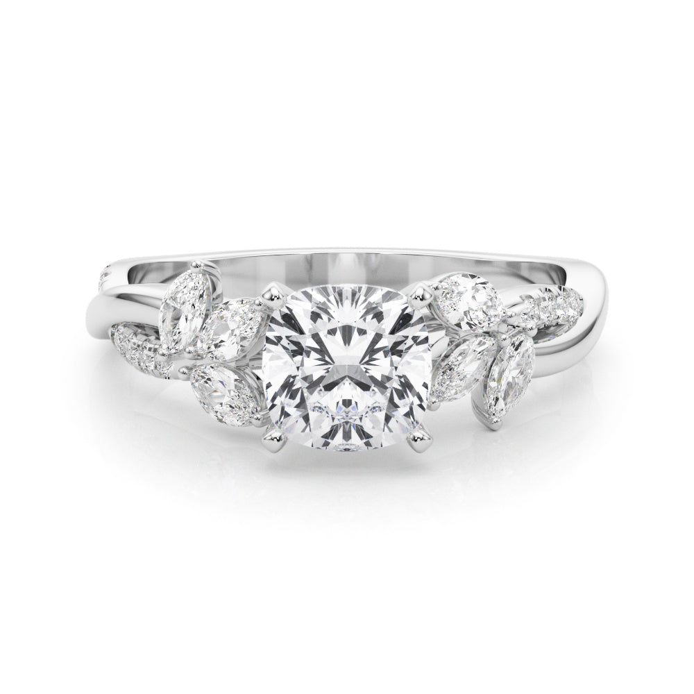 Silver Cushion Diamond Floral Vine Solitaire Engagement Ring