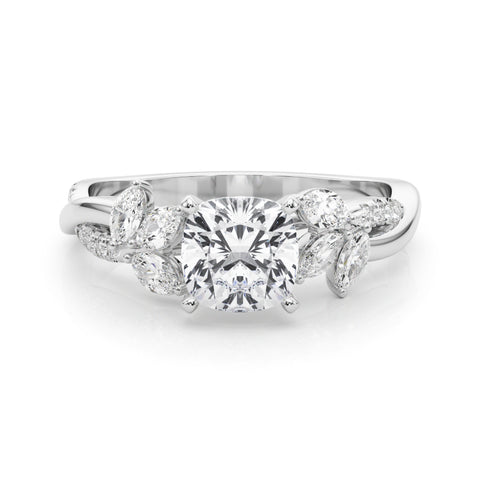 Silver Cushion Diamond Floral Vine Solitaire Engagement Ring