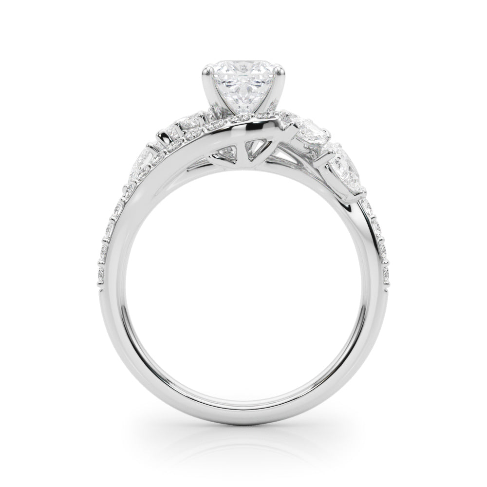 Silver Cushion Diamond Halo Ring with Marquise and Pavé Band in Prong Setting 1