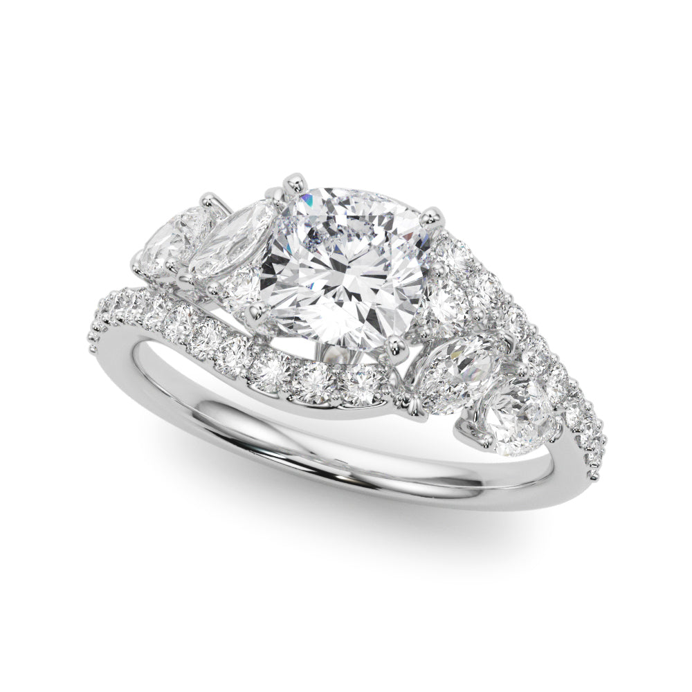 Silver Cushion Diamond Halo Ring with Marquise and Pavé Band in Prong Setting 2