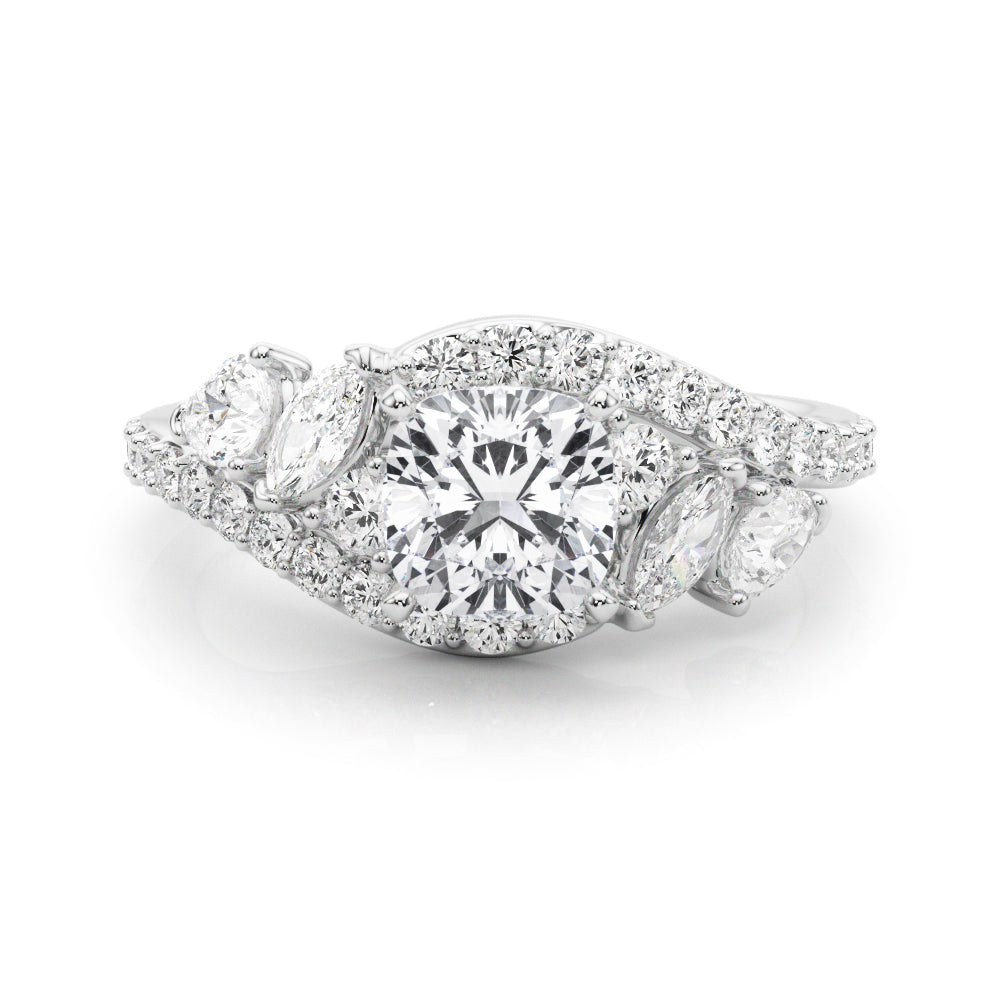 Silver Cushion Diamond Halo Ring with Marquise and Pavé Band in Prong Setting