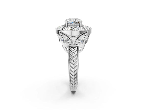 Sterling Silver Cushion Cut Vintage Halo Engagement Ring Setting with Milgrain Leaf Panels