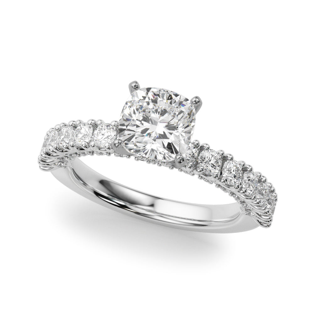 Silver Cushion Diamond Pavé Band Solitaire Ring with Four-Prong Setting 2