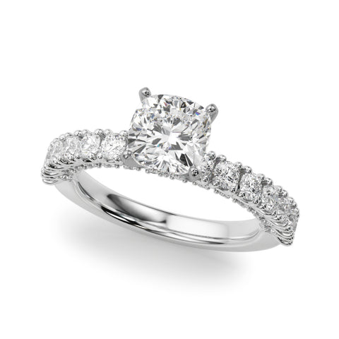 Silver Cushion Diamond Pavé Band Solitaire Ring with Four-Prong Setting 2