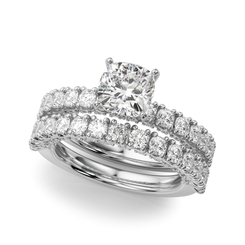 Silver Cushion Diamond Pavé Band Solitaire Ring with Four-Prong Setting