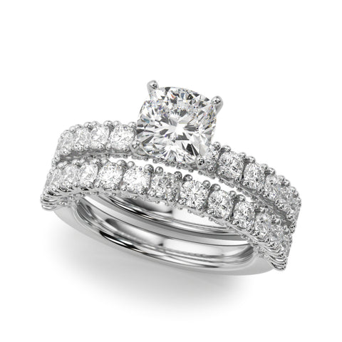 Silver Cushion Diamond Pavé Band Solitaire Ring with Four-Prong Setting