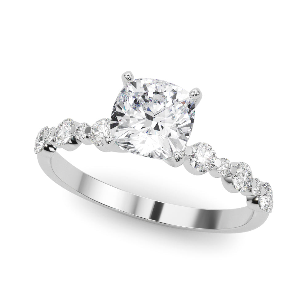 Silver Cushion Diamond Prong Set Engagement Ring with Pave Band 2