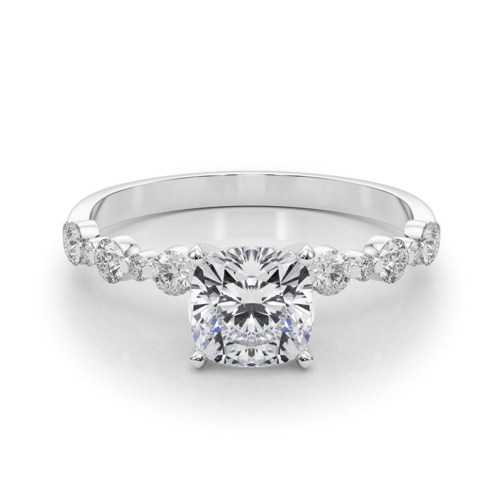 Silver Cushion Diamond Prong Set Engagement Ring with Pave Band