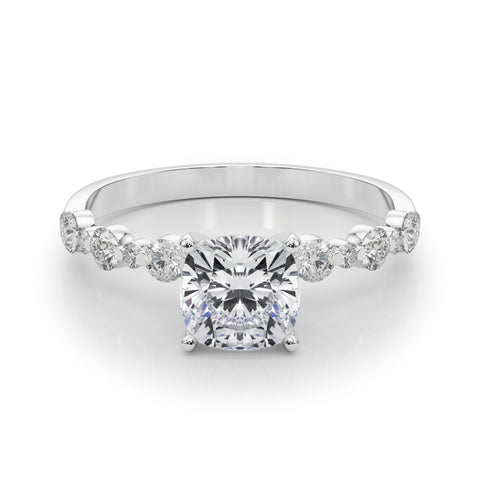 Silver Cushion Diamond Prong Set Engagement Ring with Pave Band