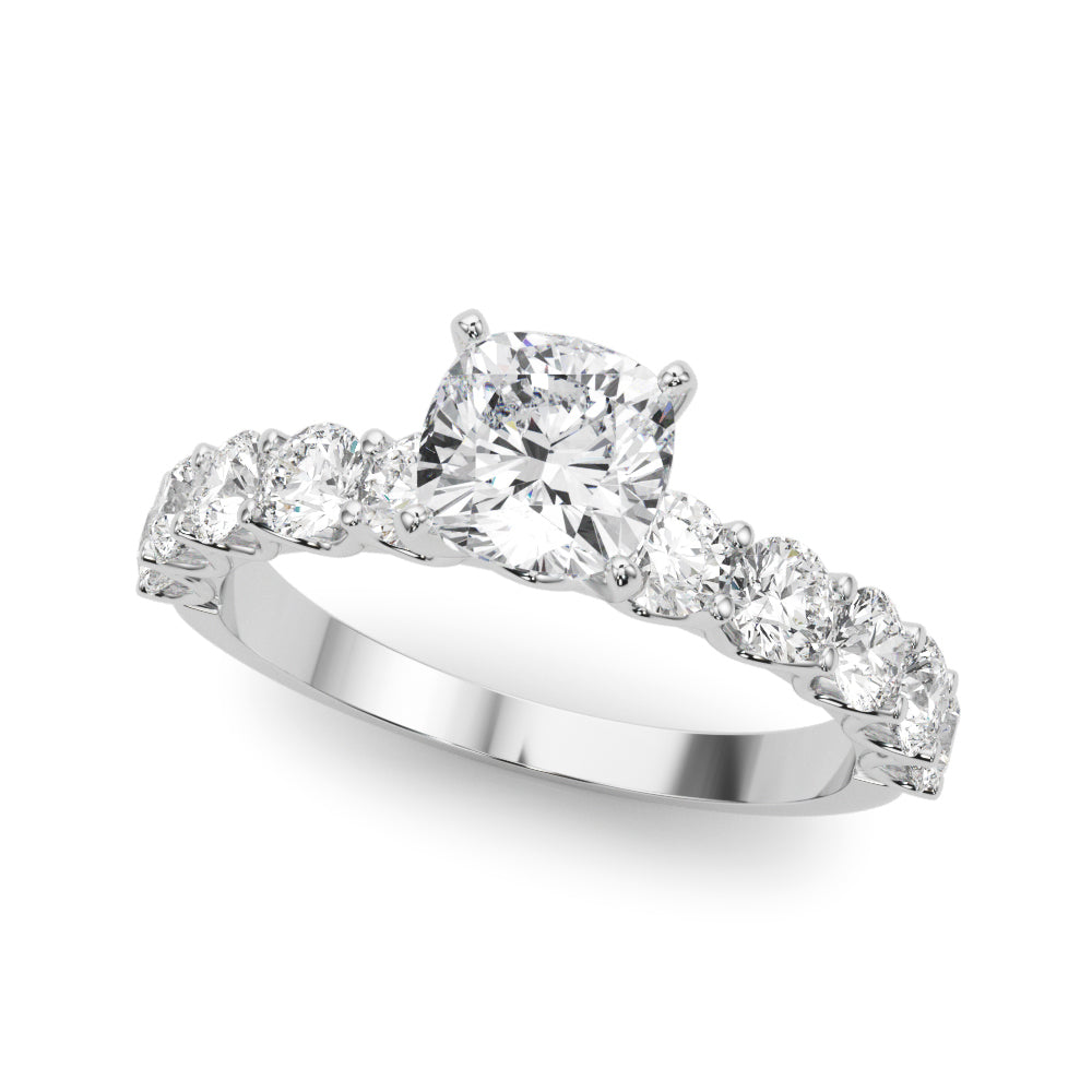 Silver Cushion Diamond Prong Setting with Side Stones on a Pave Band 2