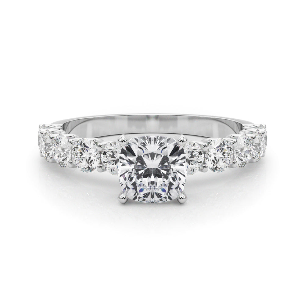 Silver Cushion Diamond Prong Setting with Side Stones on a Pave Band