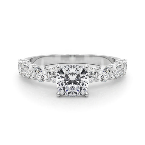 Silver Cushion Diamond Prong Setting with Side Stones on a Pave Band