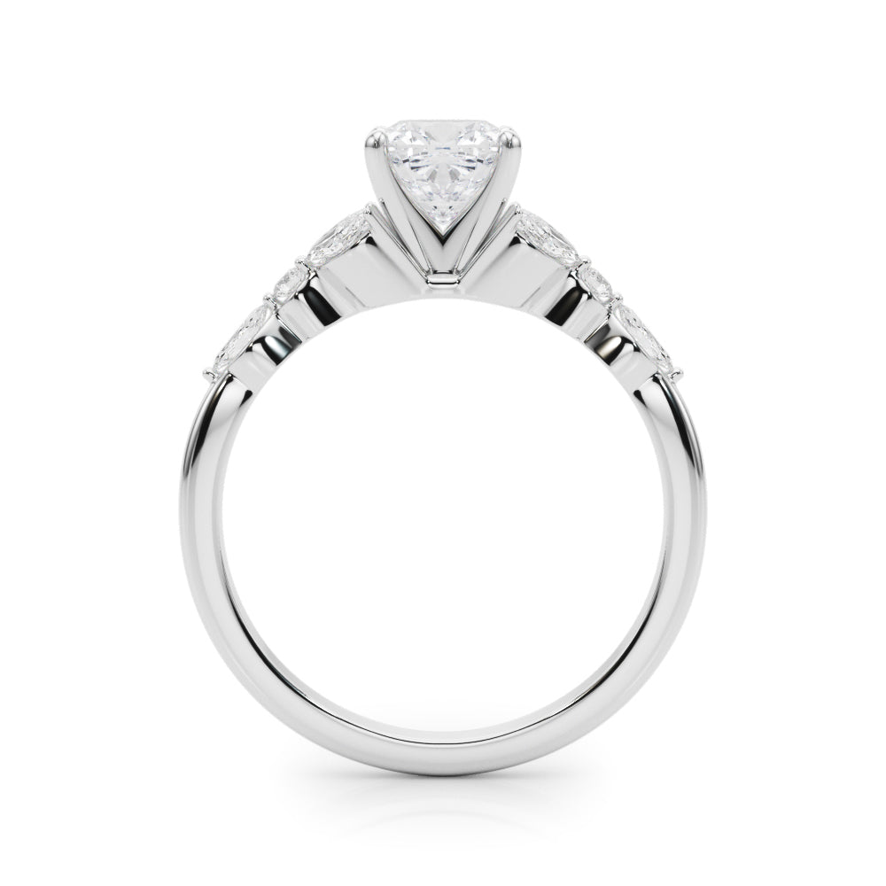 Silver Cushion Diamond Solitaire with Side Stones on a Silver Band and Four-Prong Setting 1