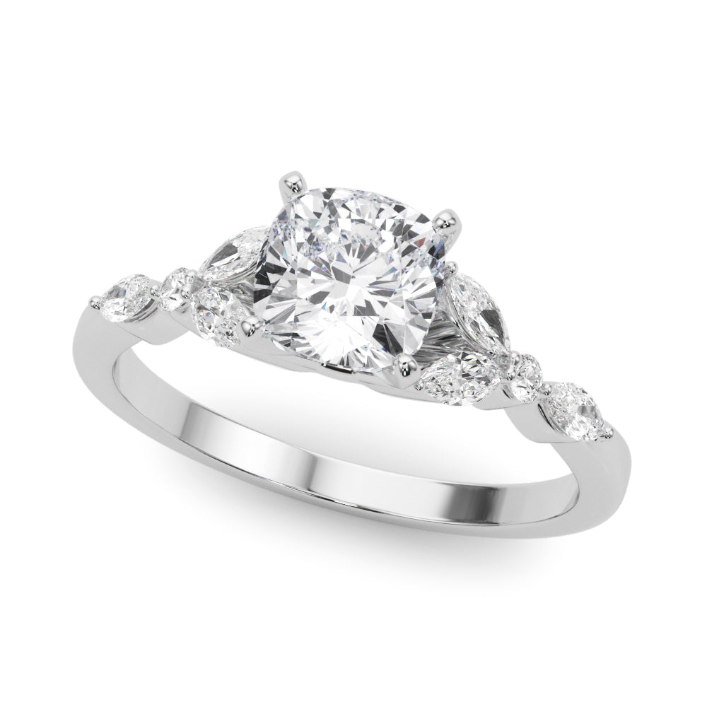 Silver Cushion Diamond Solitaire with Side Stones on a Silver Band and Four-Prong Setting 2