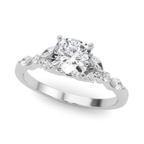 Silver Cushion Diamond Solitaire with Side Stones on a Silver Band and Four-Prong Setting 2