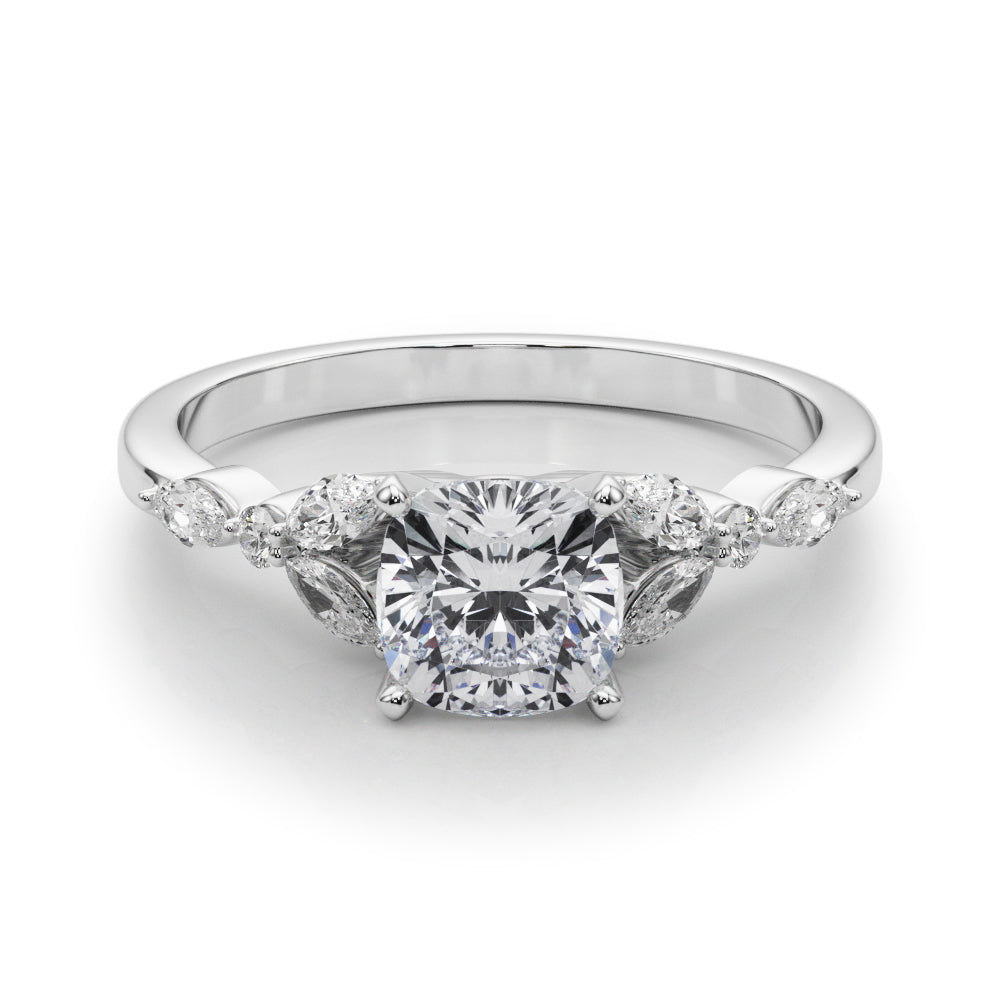 Silver Cushion Diamond Solitaire with Side Stones on a Silver Band and Four-Prong Setting